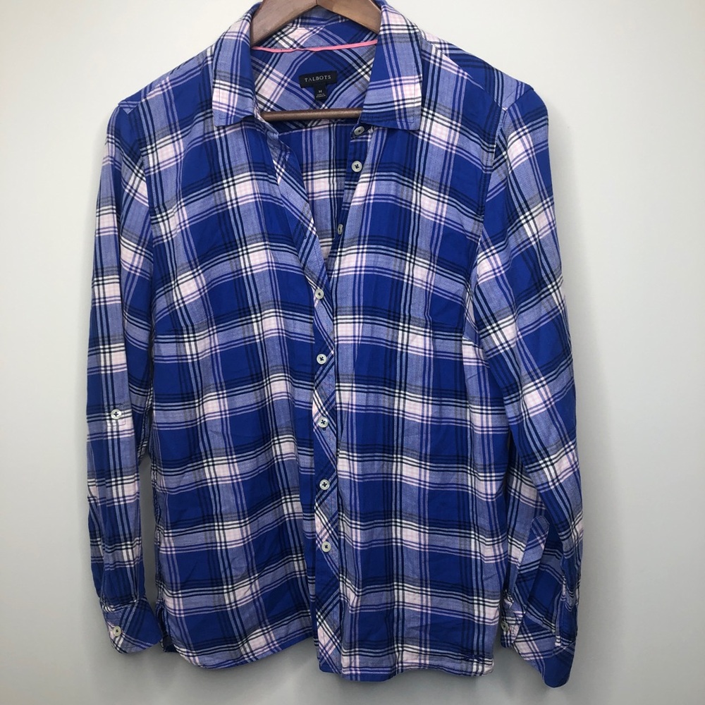 Talbots 100% cotton plaid button down blue/pink